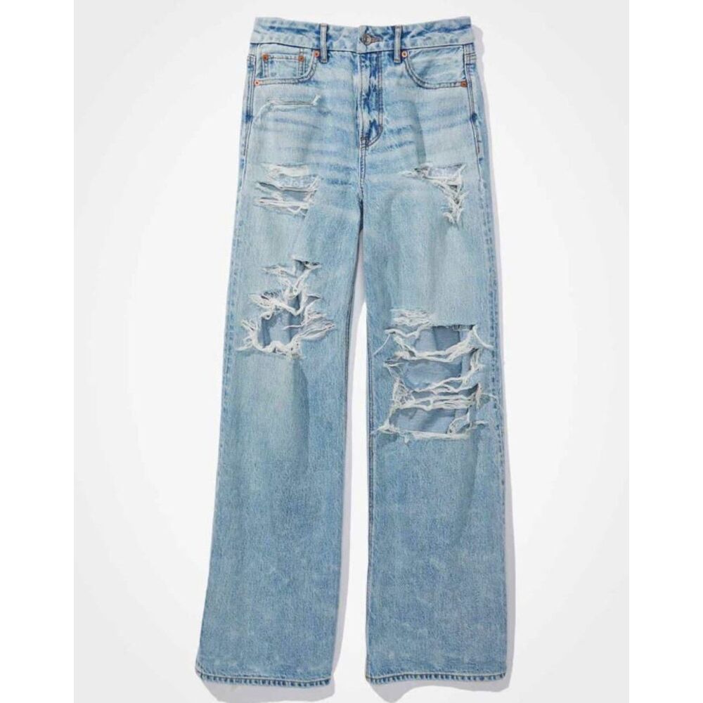 American Eagle Strigid Curvy High waisted ripped baggy wide leg jeans denim 8